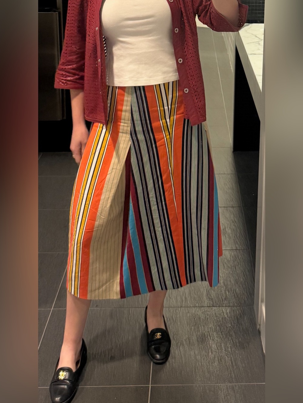 AKRIS Multicolor Striped A-Line Midi Skirt